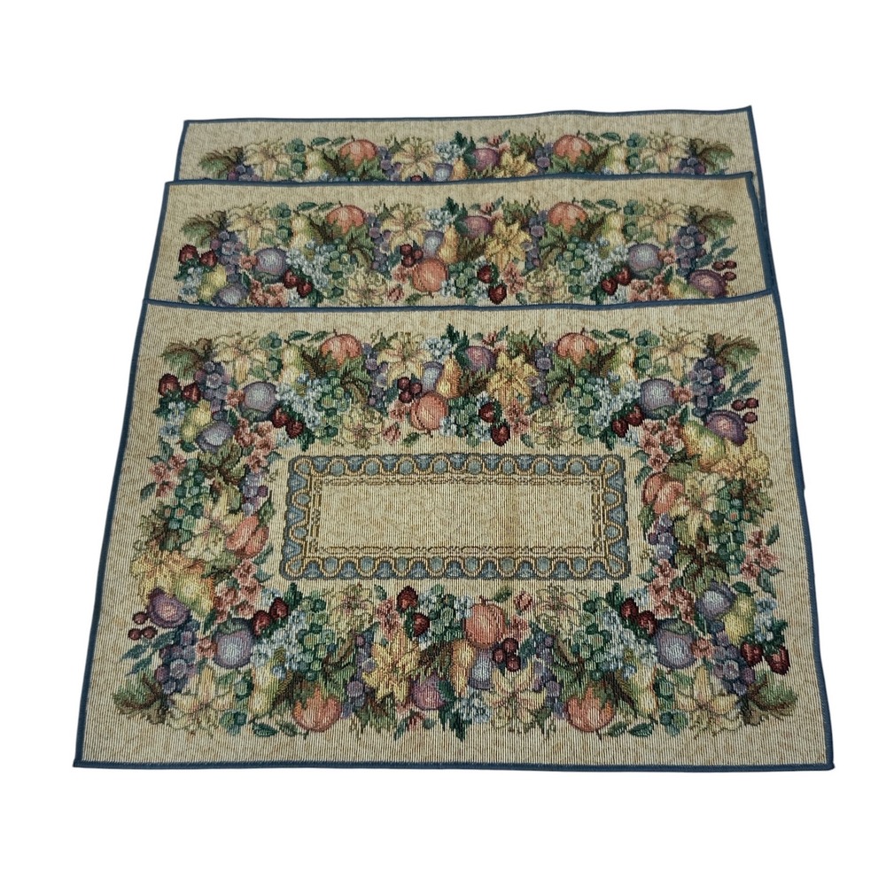 Vintage Fruit Floral Woven Tapestry Table Runner 70in & 3 Placemats Set